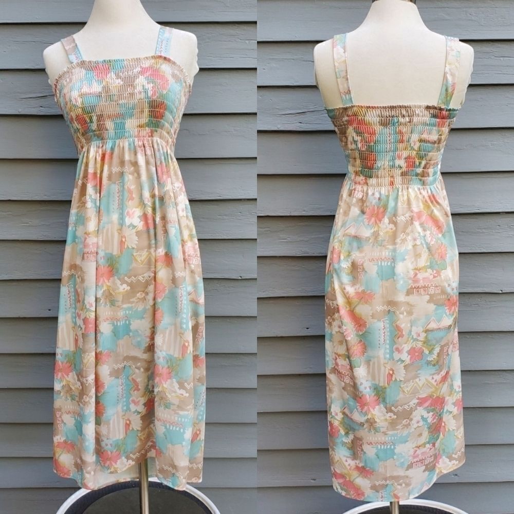 Vintage 70s Hawaiian Floral Watercolor Pastel Smocked Midi O/S Summer Sun Dress